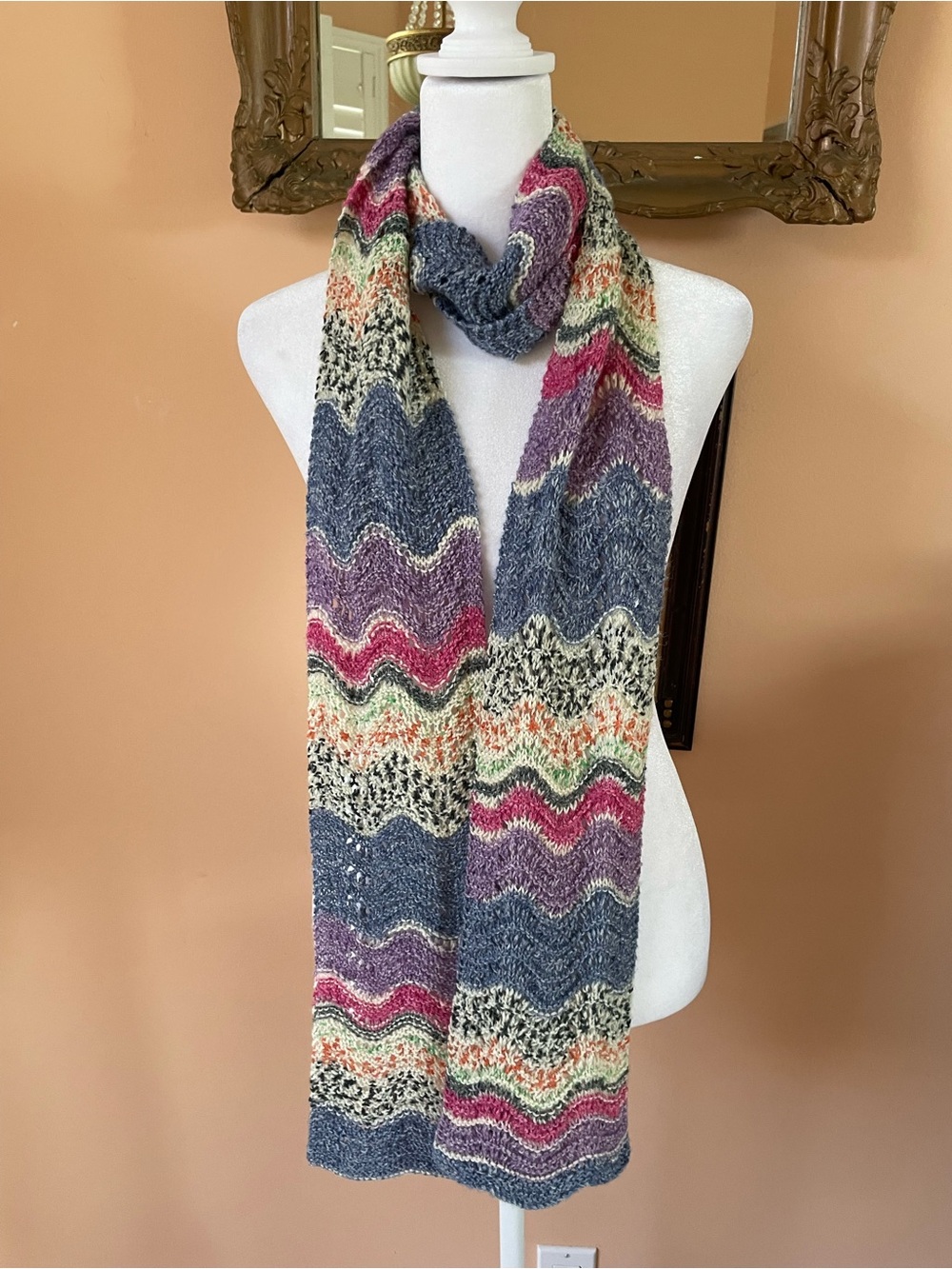Multicolor Wave Acrylic Long Wrap Knit Scarf - Pink, Purple, Blue  5” x 84”